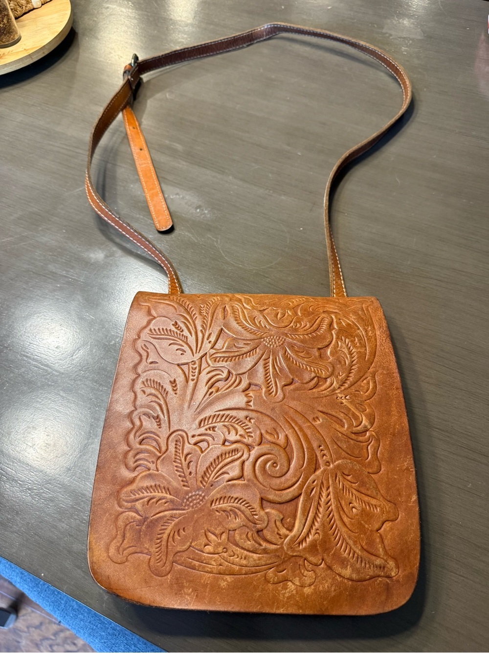 Patricia Nash Hand-Tooled Floral Leather Crossbody in Cognac Brown